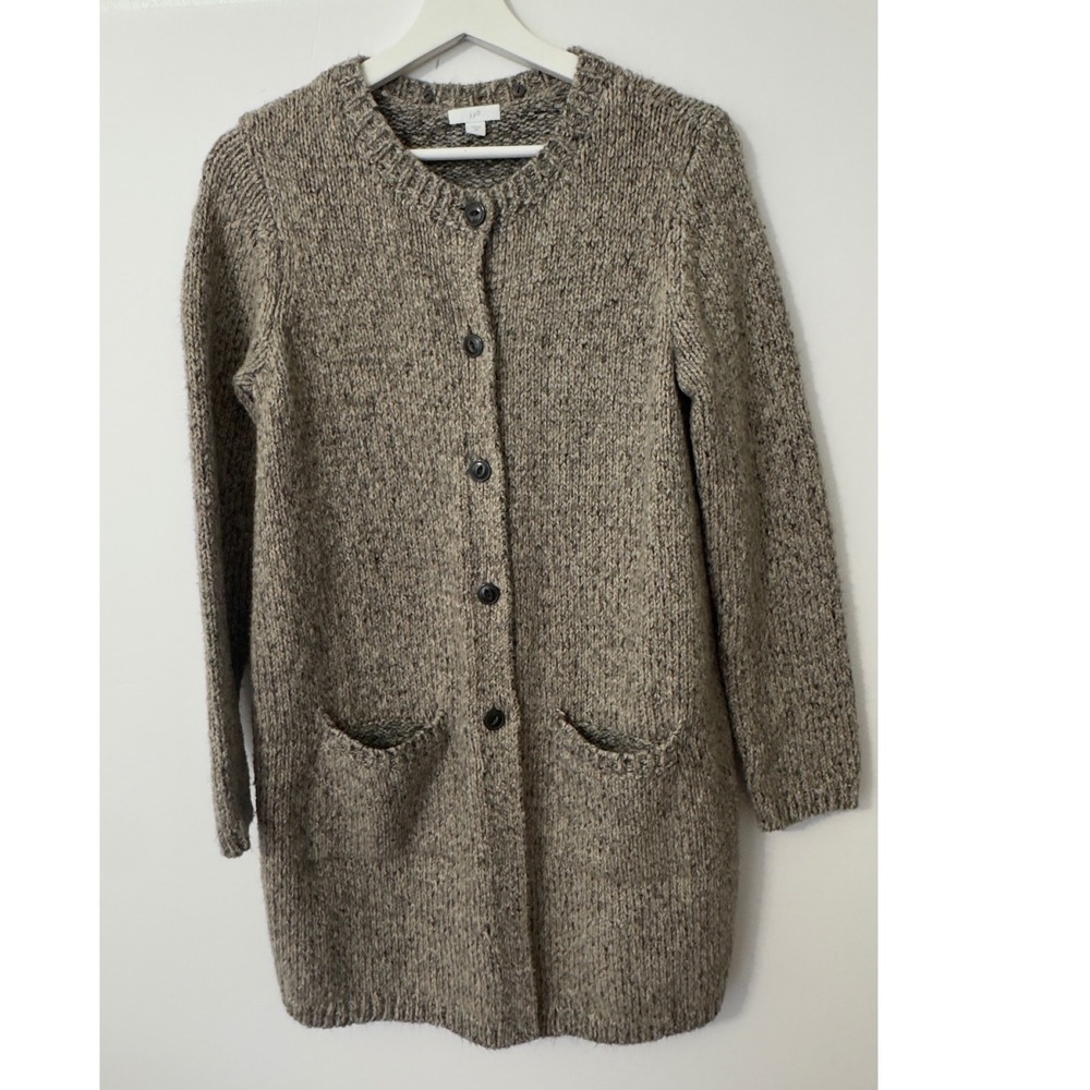 J. Jill Womens Long Cardigan Sweater XS Grey Brown Chunky Marled Grandmacore